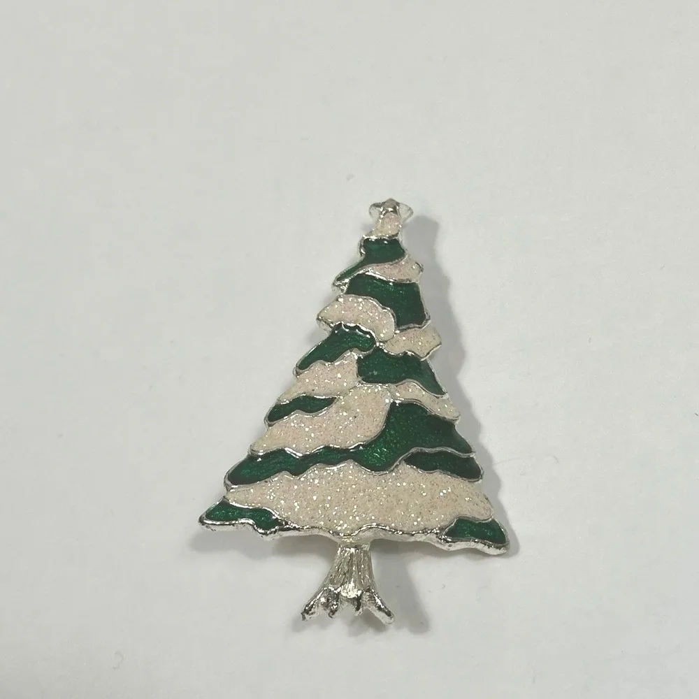 Vintage Sparkly Green‎ White Christmas Tree Enamel Pin Brooch Holiday Jewelry